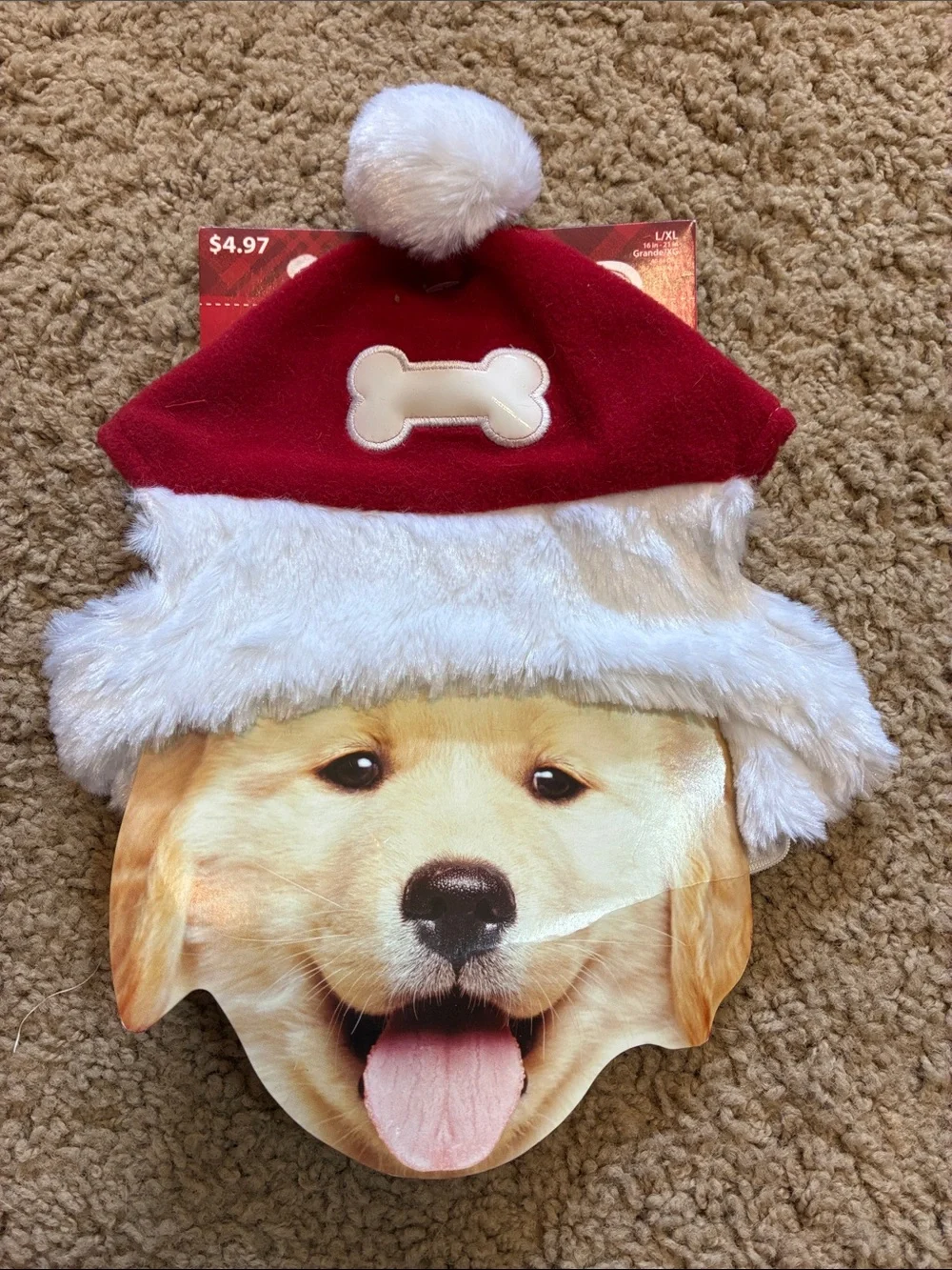 Red & White Holiday Dog Hat with Bone Accent